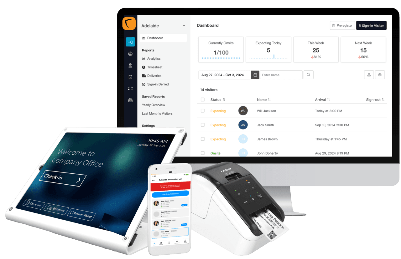 Digital Visitor Management System - Complete ecosystem with kiosk, dashboard, mobile app, and badge printer