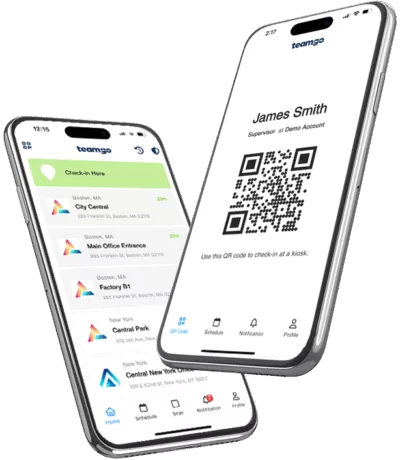 Mobile app interface showing visitor check-in and QR code