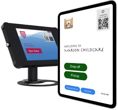 Visitor check-in kiosk with tablet and badge printer