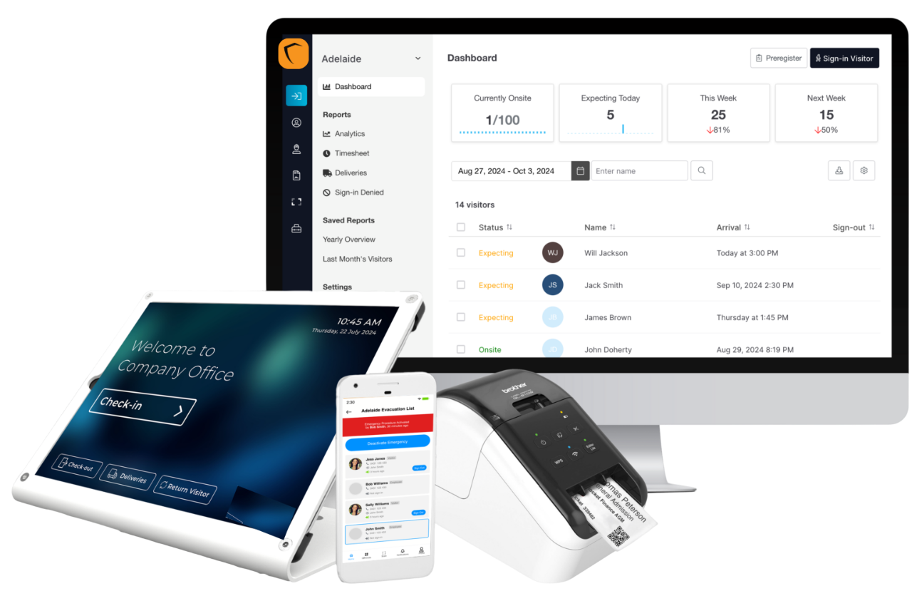 Digital Visitor Management System - Complete ecosystem with kiosk, dashboard, mobile app, and badge printer